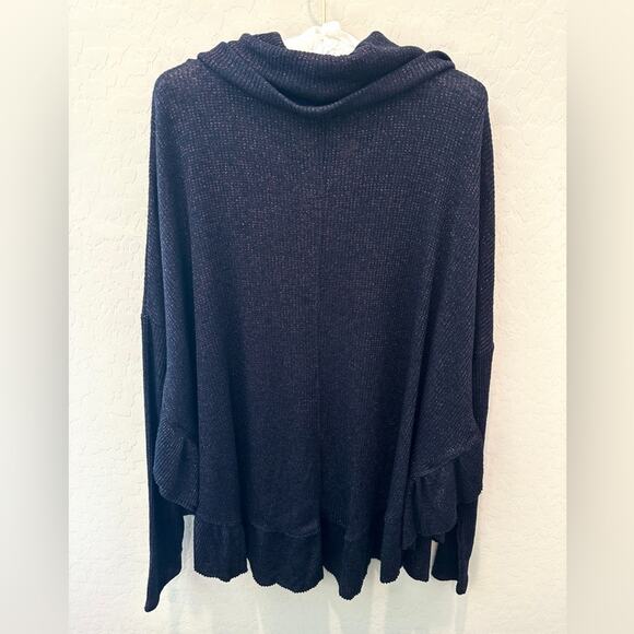 ANTHROPOLOGIE | Navy Metallic Ruffle Hem Cowl Neck Sweater NWT | Size M/L - Picture 5 of 9